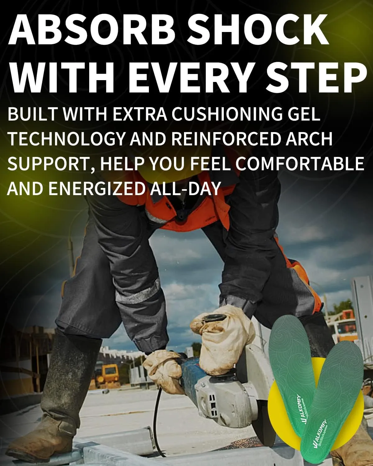 (210 lbs) Walkomfy Heavy Duty Support Plantar Fasciitis Insoles Arch Support Orthotic Inserts for Big & Tall Men Women, Flat Feet Heel Pain Relief Orthotics,Work Boots Gel Shoe Insoles,Green