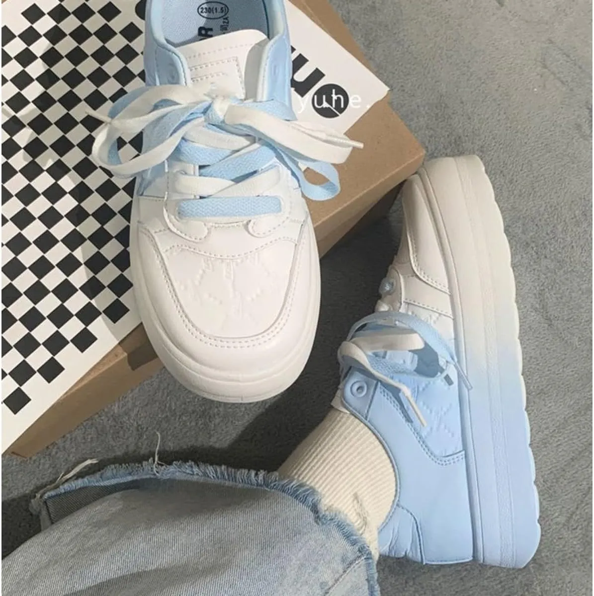 Adorable Platform Sneakers for Women - Gradient Pastel Blue to White Casual Fashion Shoes with Cute Quilted Design and Soft Lace-up Comfort