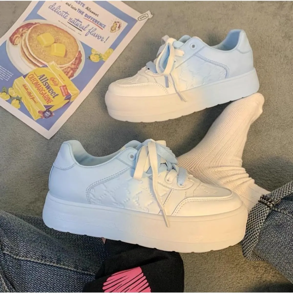 Adorable Platform Sneakers for Women - Gradient Pastel Blue to White Casual Fashion Shoes with Cute Quilted Design and Soft Lace-up Comfort