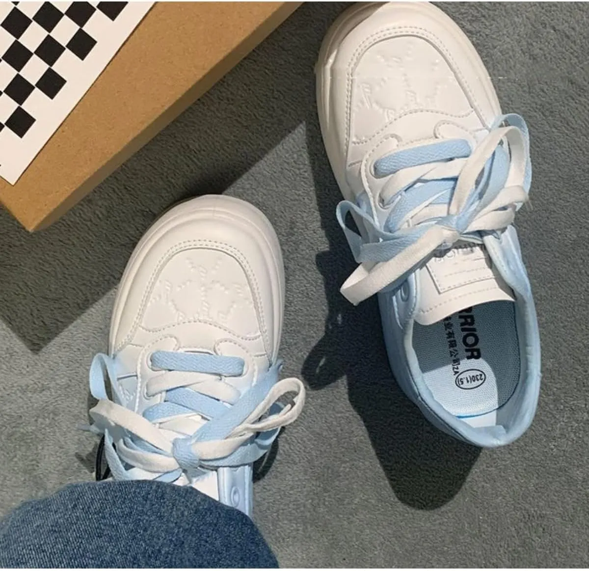 Adorable Platform Sneakers for Women - Gradient Pastel Blue to White Casual Fashion Shoes with Cute Quilted Design and Soft Lace-up Comfort