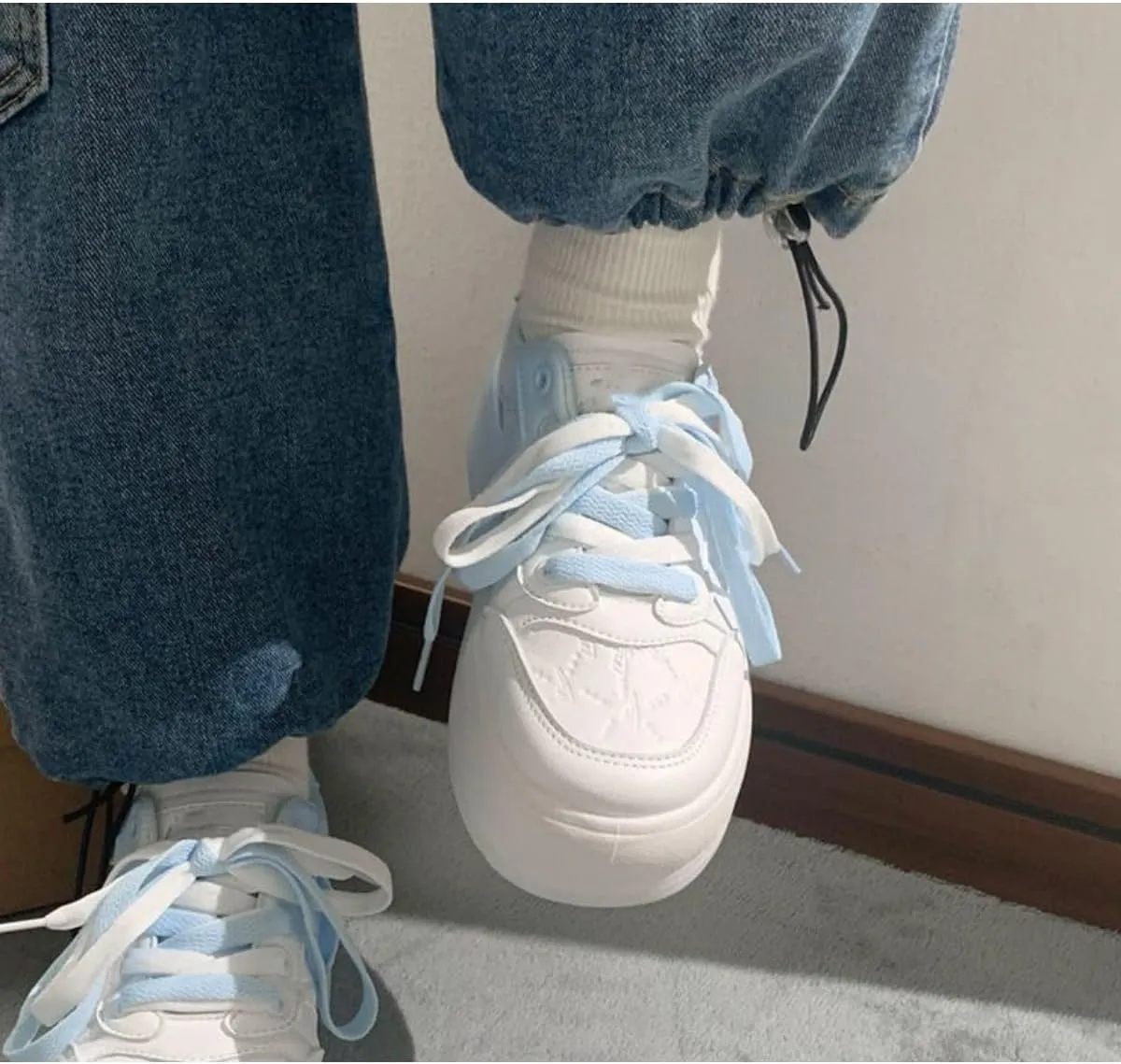 Adorable Platform Sneakers for Women - Gradient Pastel Blue to White Casual Fashion Shoes with Cute Quilted Design and Soft Lace-up Comfort