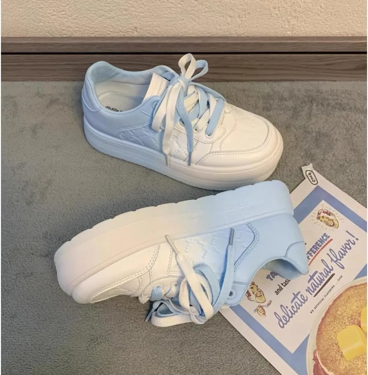 Adorable Platform Sneakers for Women - Gradient Pastel Blue to White Casual Fashion Shoes with Cute Quilted Design and Soft Lace-up Comfort