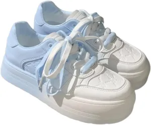 Adorable Platform Sneakers for Women - Gradient Pastel Blue to White Casual Fashion Shoes with Cute Quilted Design and Soft Lace-up Comfort