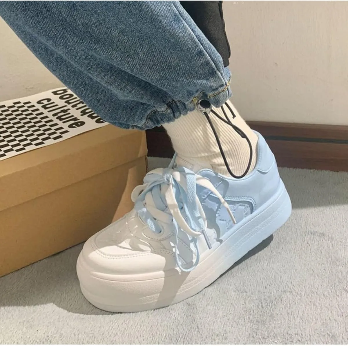 Adorable Platform Sneakers for Women - Gradient Pastel Blue to White Casual Fashion Shoes with Cute Quilted Design and Soft Lace-up Comfort