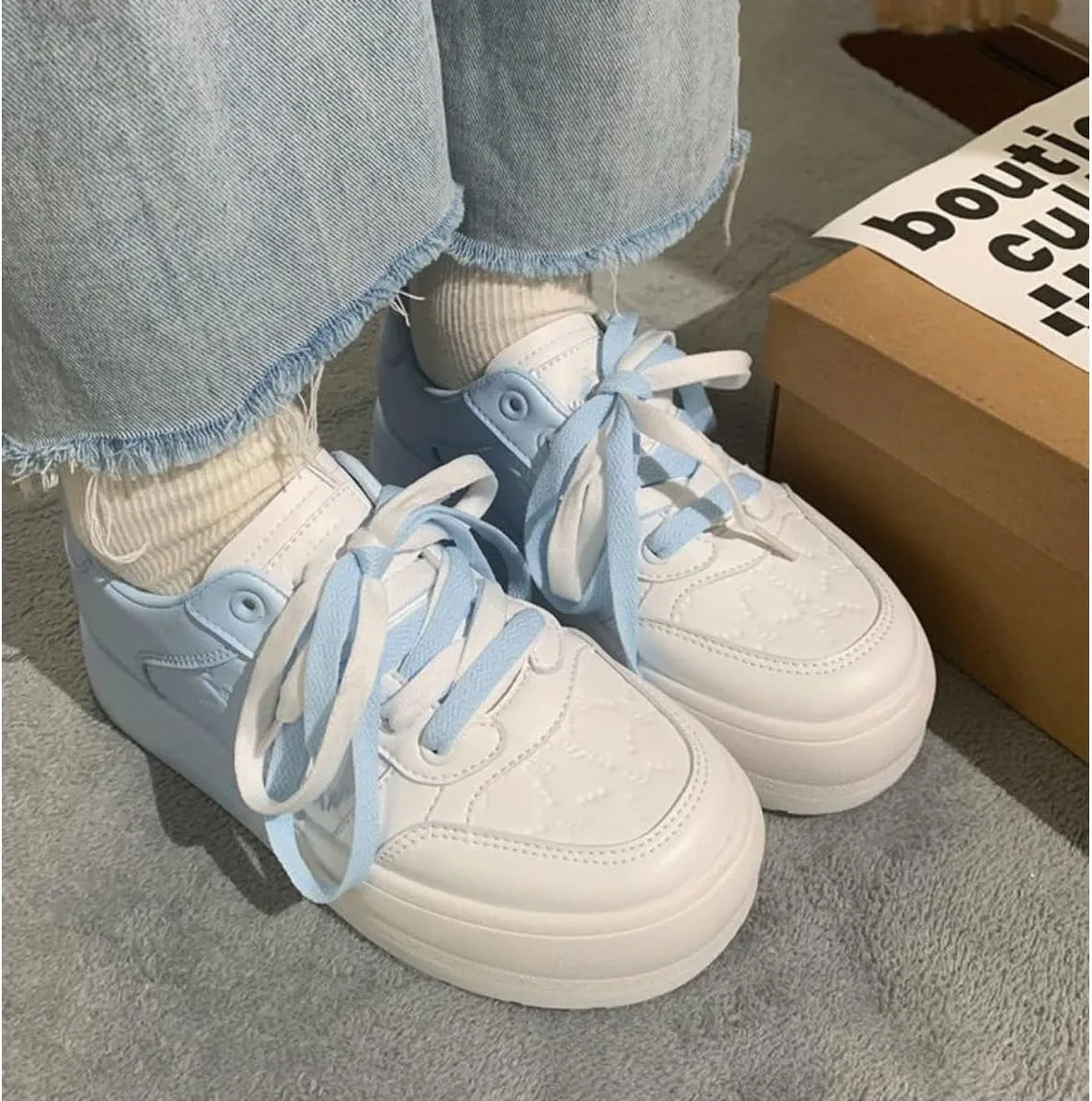 Adorable Platform Sneakers for Women - Gradient Pastel Blue to White Casual Fashion Shoes with Cute Quilted Design and Soft Lace-up Comfort