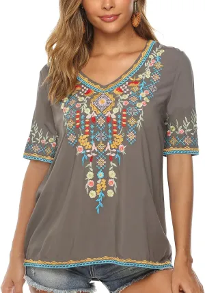 AK Women's V Neck Casual Summer Blouse, Boho Embroidered Mexican Peasant Tops Short Sleeve Shirts Casual Blouse Loose Tunics