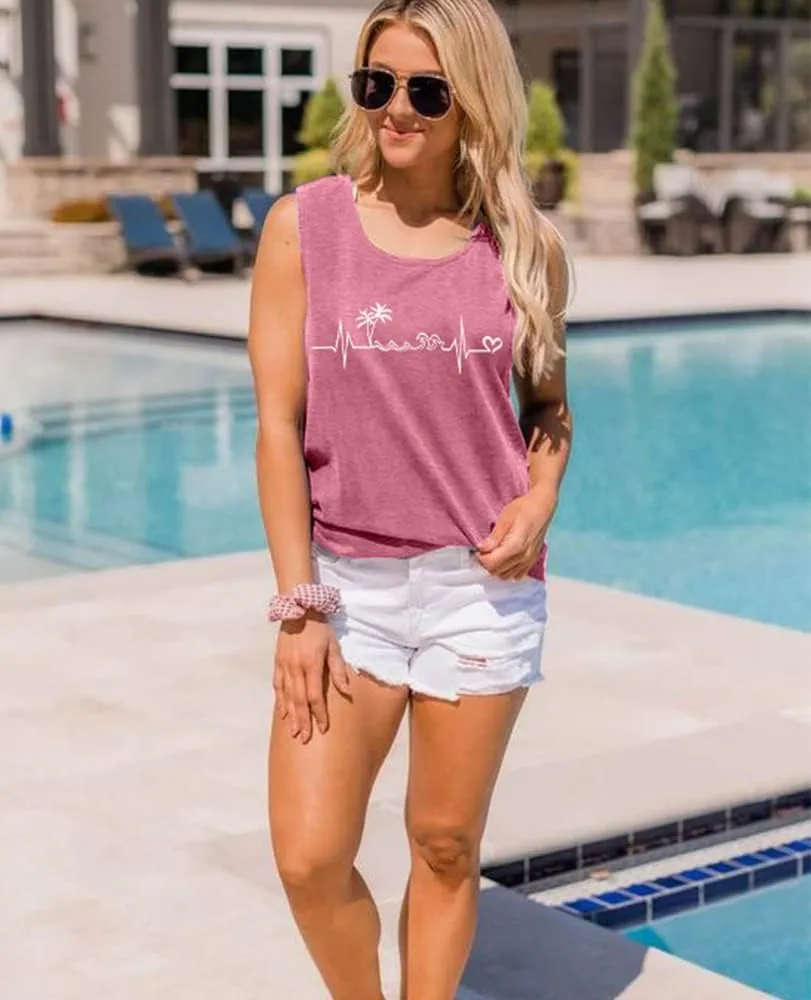 ALLTB Beach Tank Tops Women Beach Waves Sleeveless Shirt Hawaiian Ocean Vest Heartbeat Tank Summer Family Vacation Tanks
