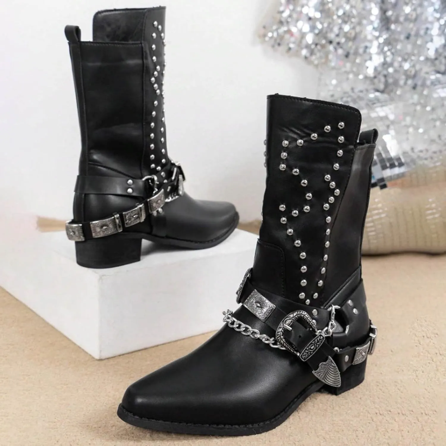 AMDBEL Wide Calf Boots for Women Low Heel Womens Fall Boots 2024 Punk Black Pointed Toe Boots Walking Booties Winter Shoes