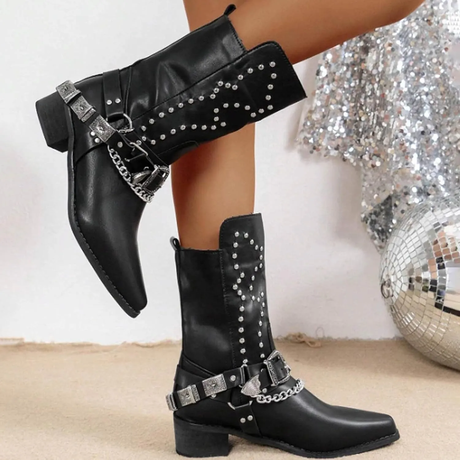AMDBEL Wide Calf Boots for Women Low Heel Womens Fall Boots 2024 Punk Black Pointed Toe Boots Walking Booties Winter Shoes