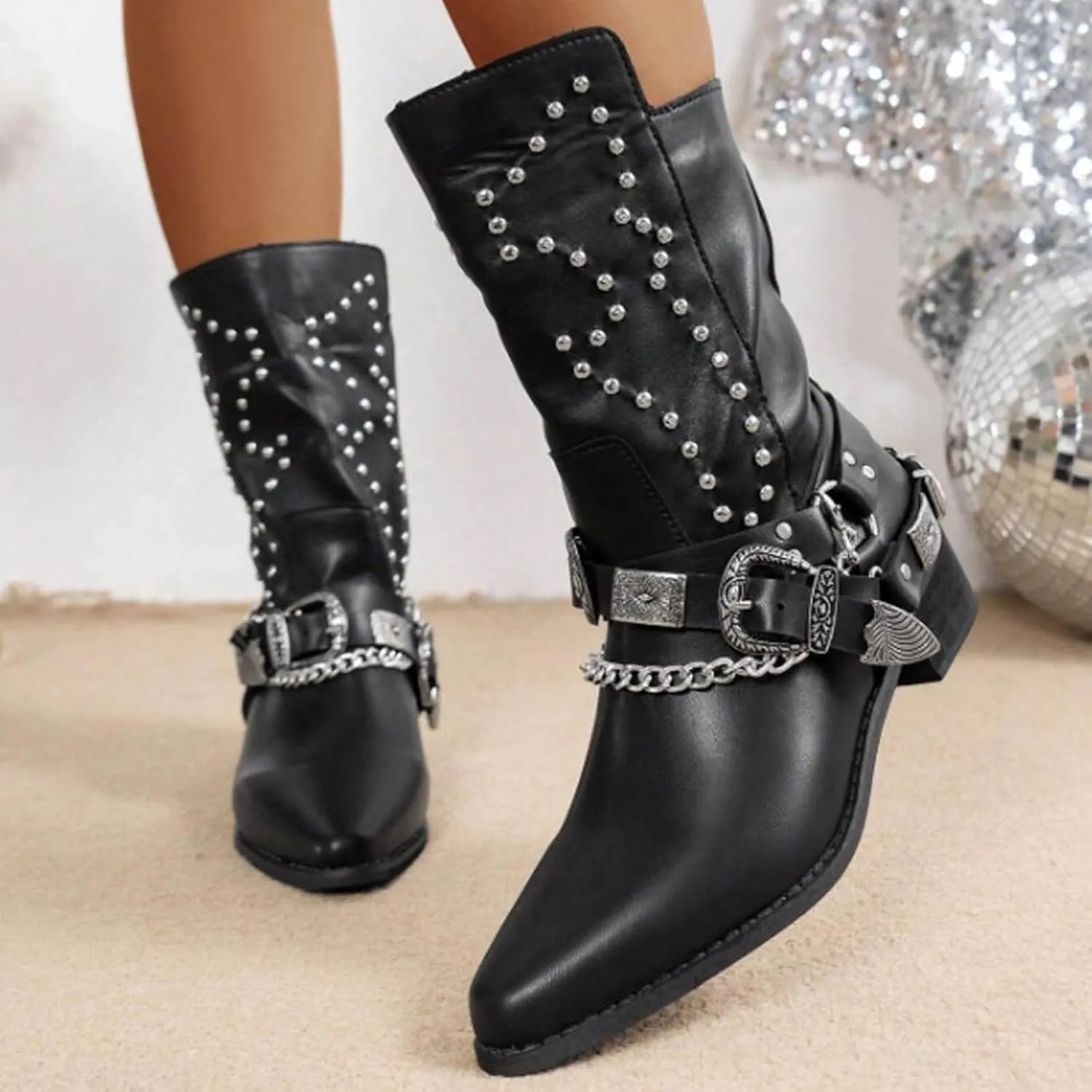 AMDBEL Wide Calf Boots for Women Low Heel Womens Fall Boots 2024 Punk Black Pointed Toe Boots Walking Booties Winter Shoes