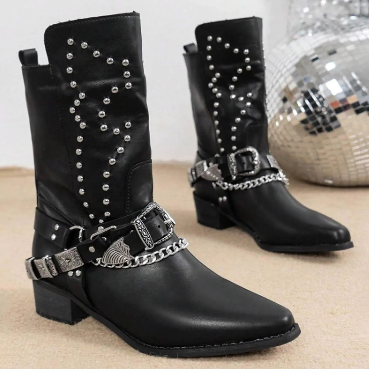 AMDBEL Wide Calf Boots for Women Low Heel Womens Fall Boots 2024 Punk Black Pointed Toe Boots Walking Booties Winter Shoes