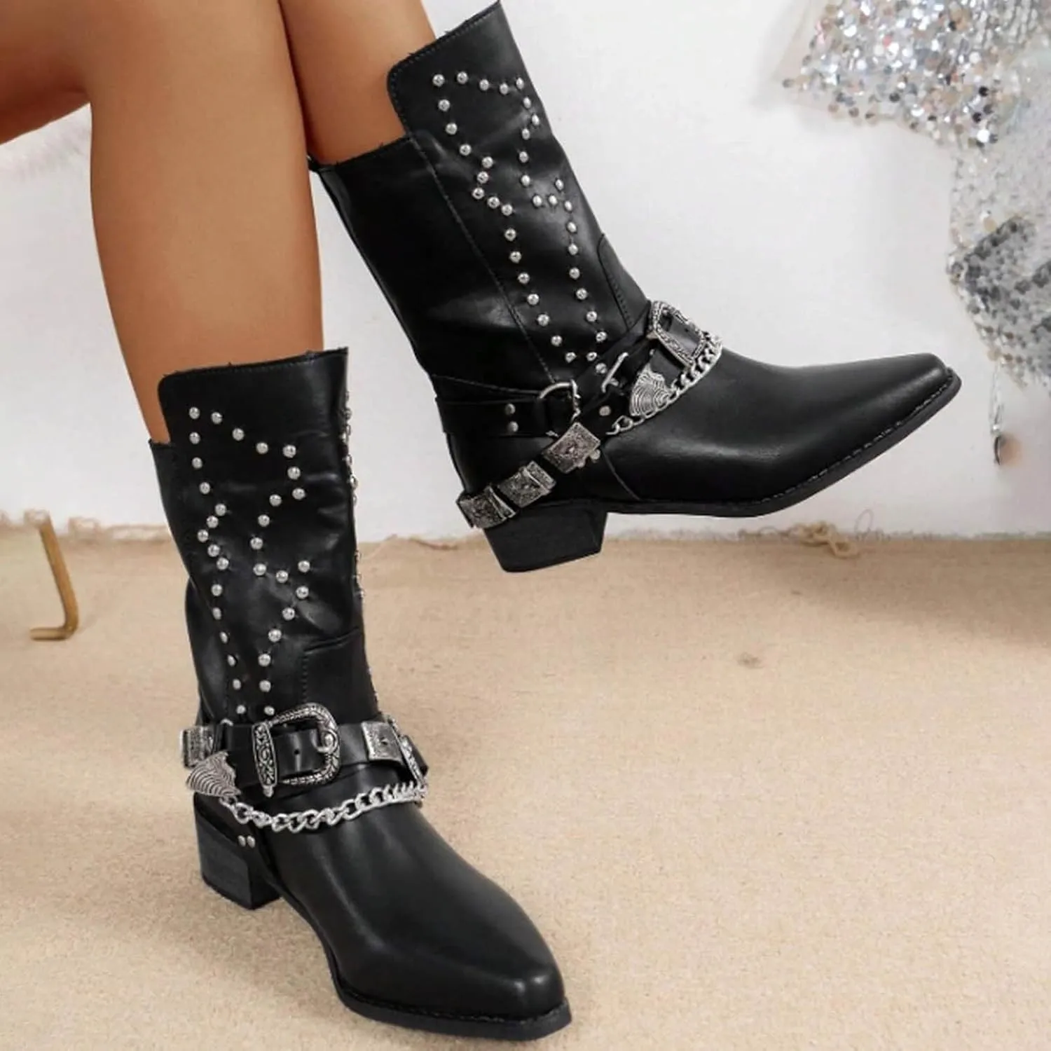AMDBEL Wide Calf Boots for Women Low Heel Womens Fall Boots 2024 Punk Black Pointed Toe Boots Walking Booties Winter Shoes