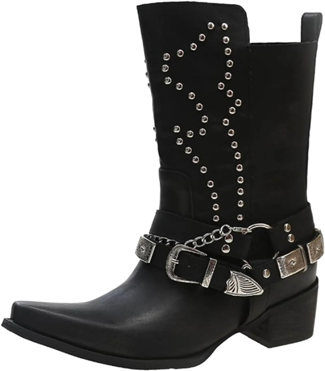 AMDBEL Wide Calf Boots for Women Low Heel Womens Fall Boots 2024 Punk Black Pointed Toe Boots Walking Booties Winter Shoes