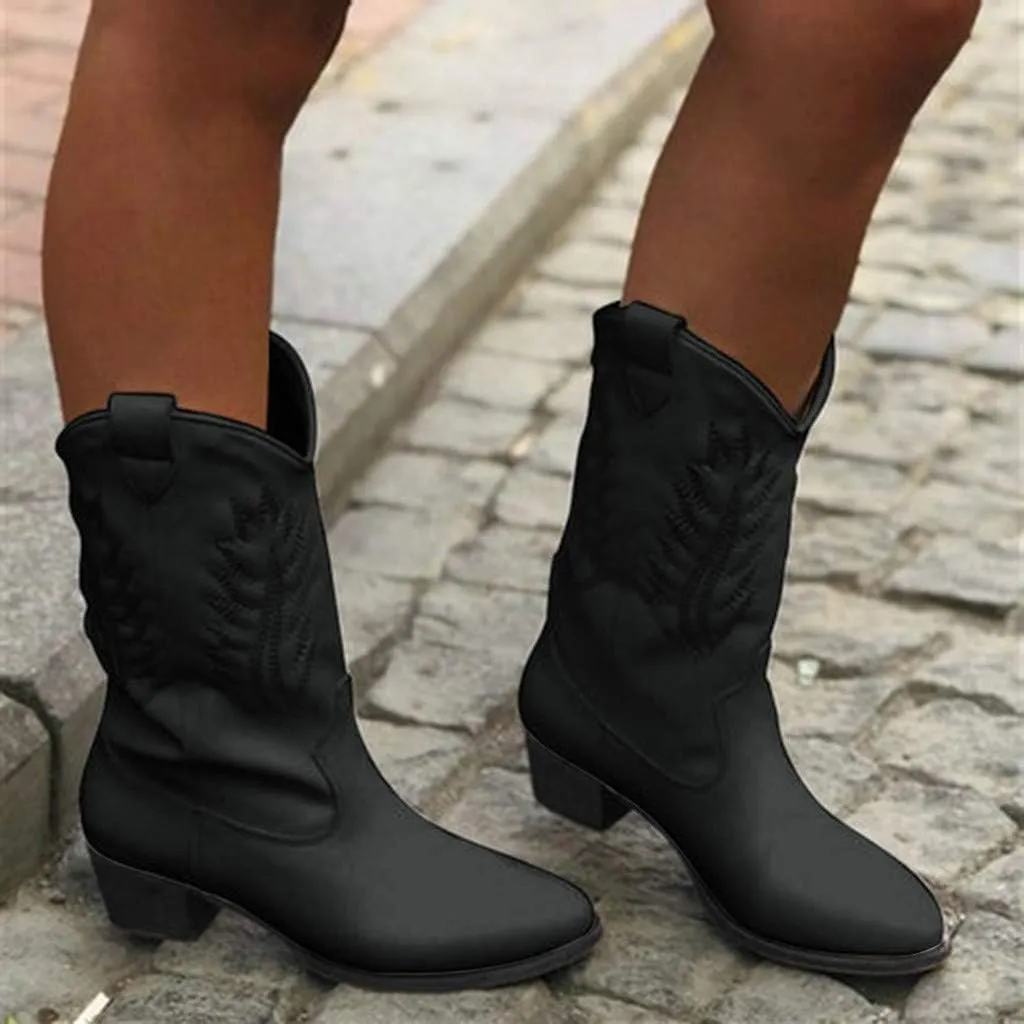 AMDBEL Wide Calf Boots for Women Low Heel Womens Fall Boots 2024 Western Cowboy Boots Embroidered Cowgirl Fashion Booties