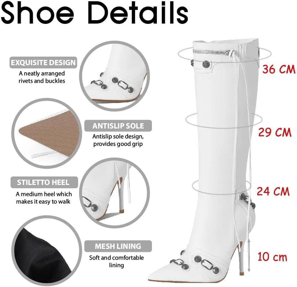 Ancomafio Knee High Boots for Women Stiletto Heel Studded Boots Pointed Toe Rivets Tassel Boot Sexy High Heel Punk Boots Zipper
