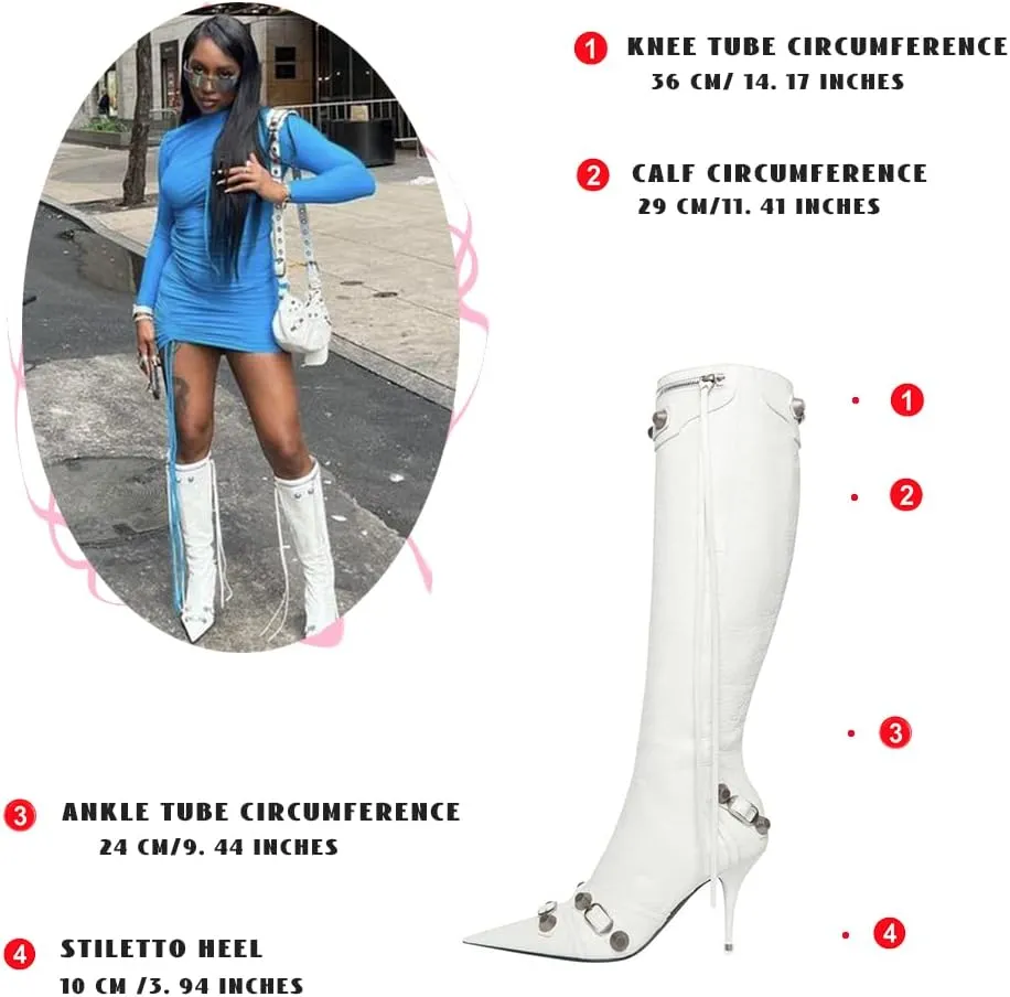 Ancomafio Knee High Boots for Women Stiletto Heel Studded Boots Pointed Toe Rivets Tassel Boot Sexy High Heel Punk Boots Zipper