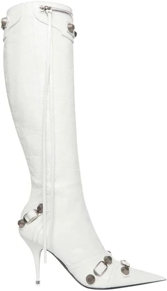 Ancomafio Knee High Boots for Women Stiletto Heel Studded Boots Pointed Toe Rivets Tassel Boot Sexy High Heel Punk Boots Zipper