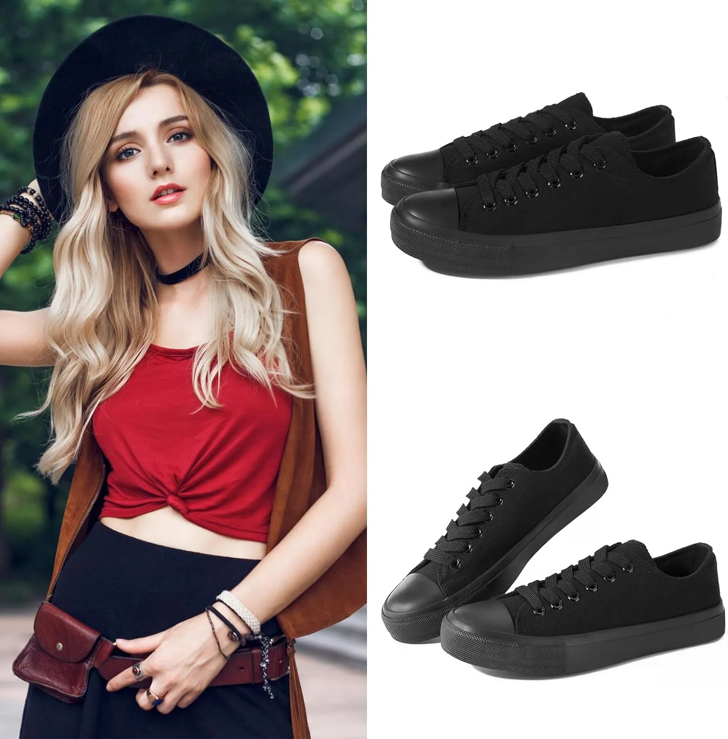 ANTLULU Womens Canvas Shoes Low Top and Lace up Fashion Casual Sneakers Black and White Classic