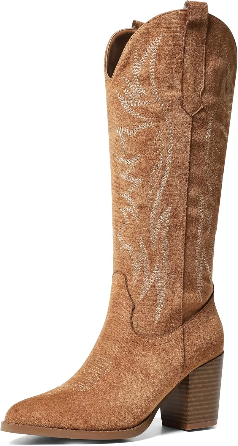 AOSPHIRAYLIAN Womens Knee High Boots for Women Pointed Toe Cowboy Cowgirl Boots with Embroidery Pull On Chunky Block High Heel Western Boots