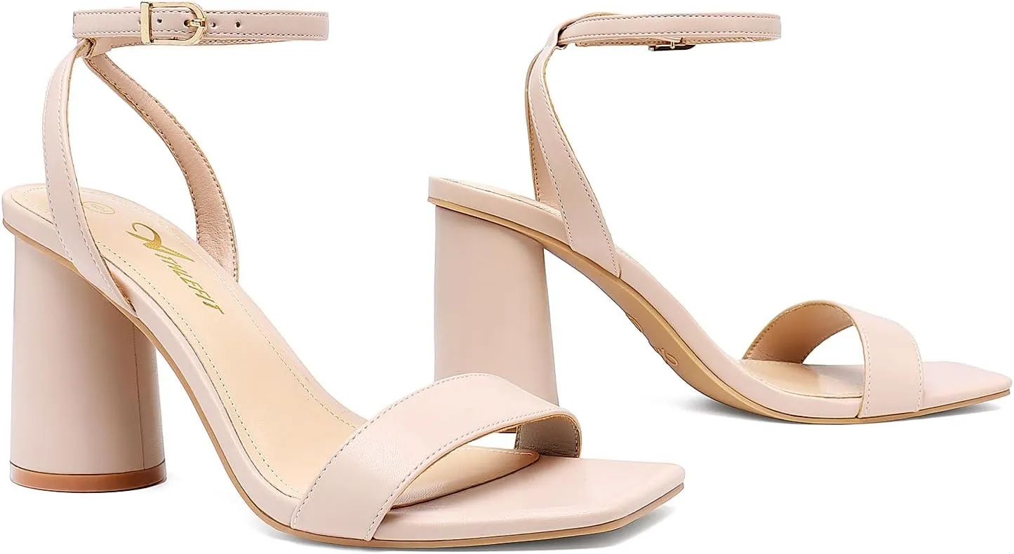 Athlefit Chunky Heels for Women Block Heeled Sandals Square Toe Ankle Strap Fashion High Heels for Prom