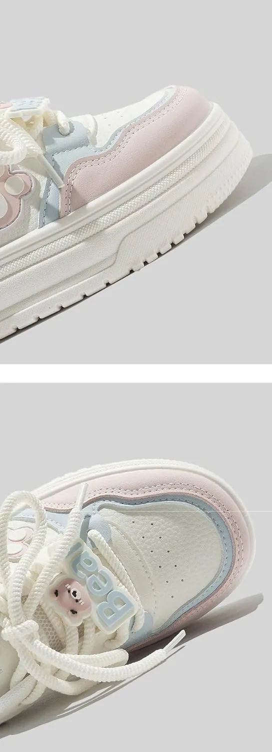 Bear Claw Charm Retro Sneakers - Y2K Kawaii Chunky Platform Shoes for Women & Girls, Comfy Thick Sole White Casual Trainers for Daily Wear, Birthday Gifts, Minimalist Streetwear, Hiking