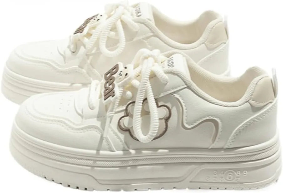 Bear Claw Charm Retro Sneakers - Y2K Kawaii Chunky Platform Shoes for Women & Girls, Comfy Thick Sole White Casual Trainers for Daily Wear, Birthday Gifts, Minimalist Streetwear, Hiking