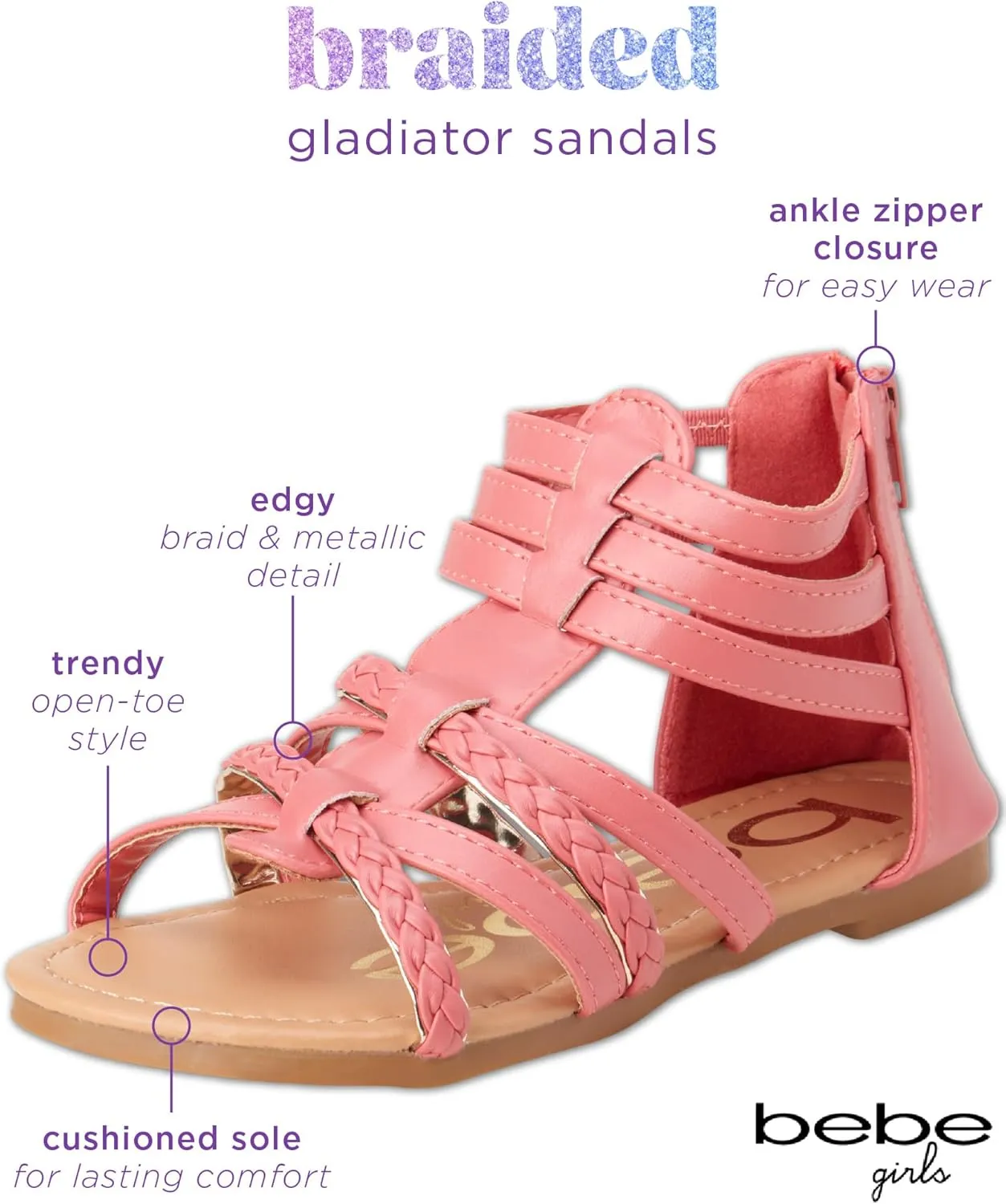 bebe Girls Sandals - Cute Open Toe Braided Strappy Gladiator Summer Sandals, Flower Girl Dress Shoes for Easter Beach Party