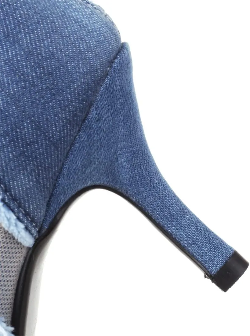 Betastella Women's Peep Toe Stiletto Denim Sandals Summer Booties Lace Up Thin Heels Back Zip Tassel Pumps