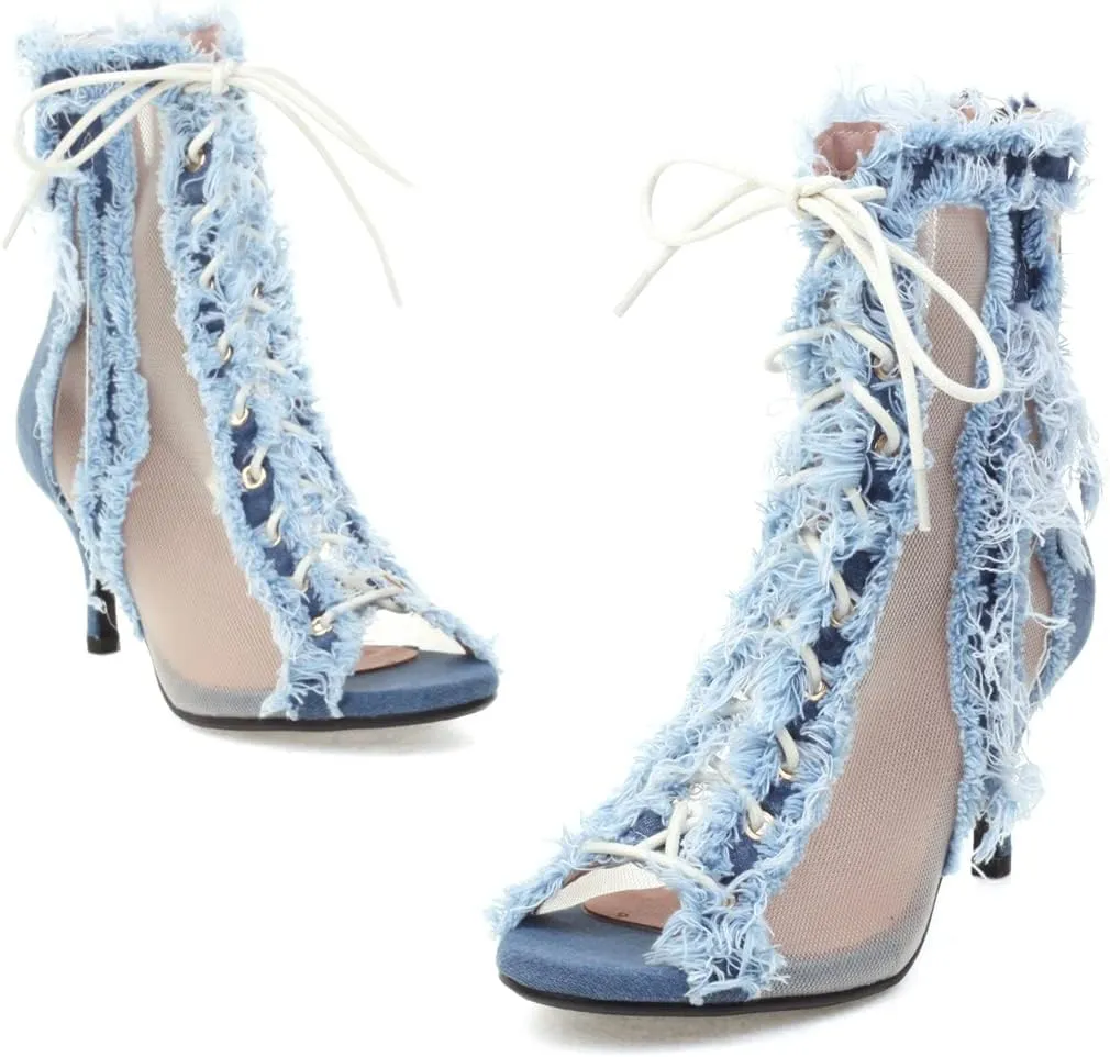 Betastella Women's Peep Toe Stiletto Denim Sandals Summer Booties Lace Up Thin Heels Back Zip Tassel Pumps