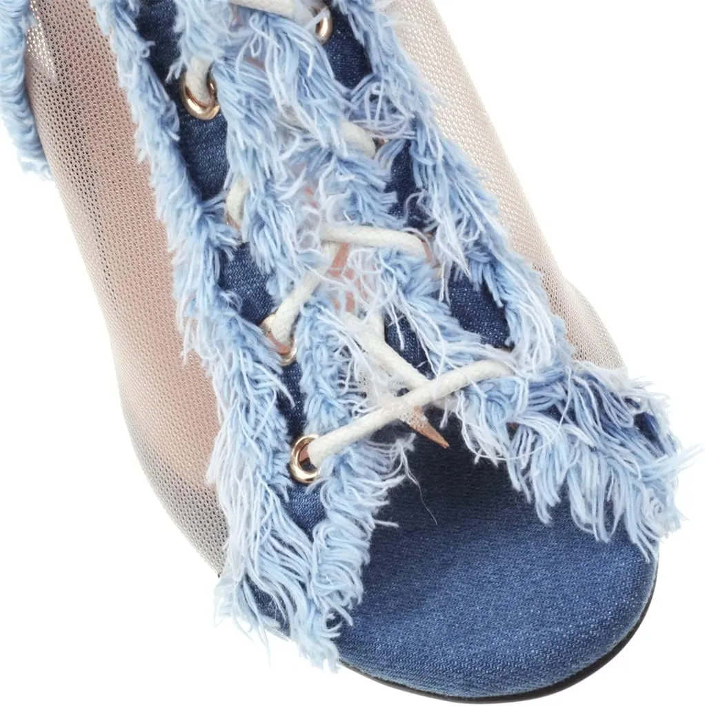 Betastella Women's Peep Toe Stiletto Denim Sandals Summer Booties Lace Up Thin Heels Back Zip Tassel Pumps