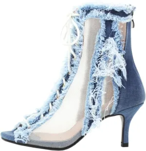 Betastella Women's Peep Toe Stiletto Denim Sandals Summer Booties Lace Up Thin Heels Back Zip Tassel Pumps