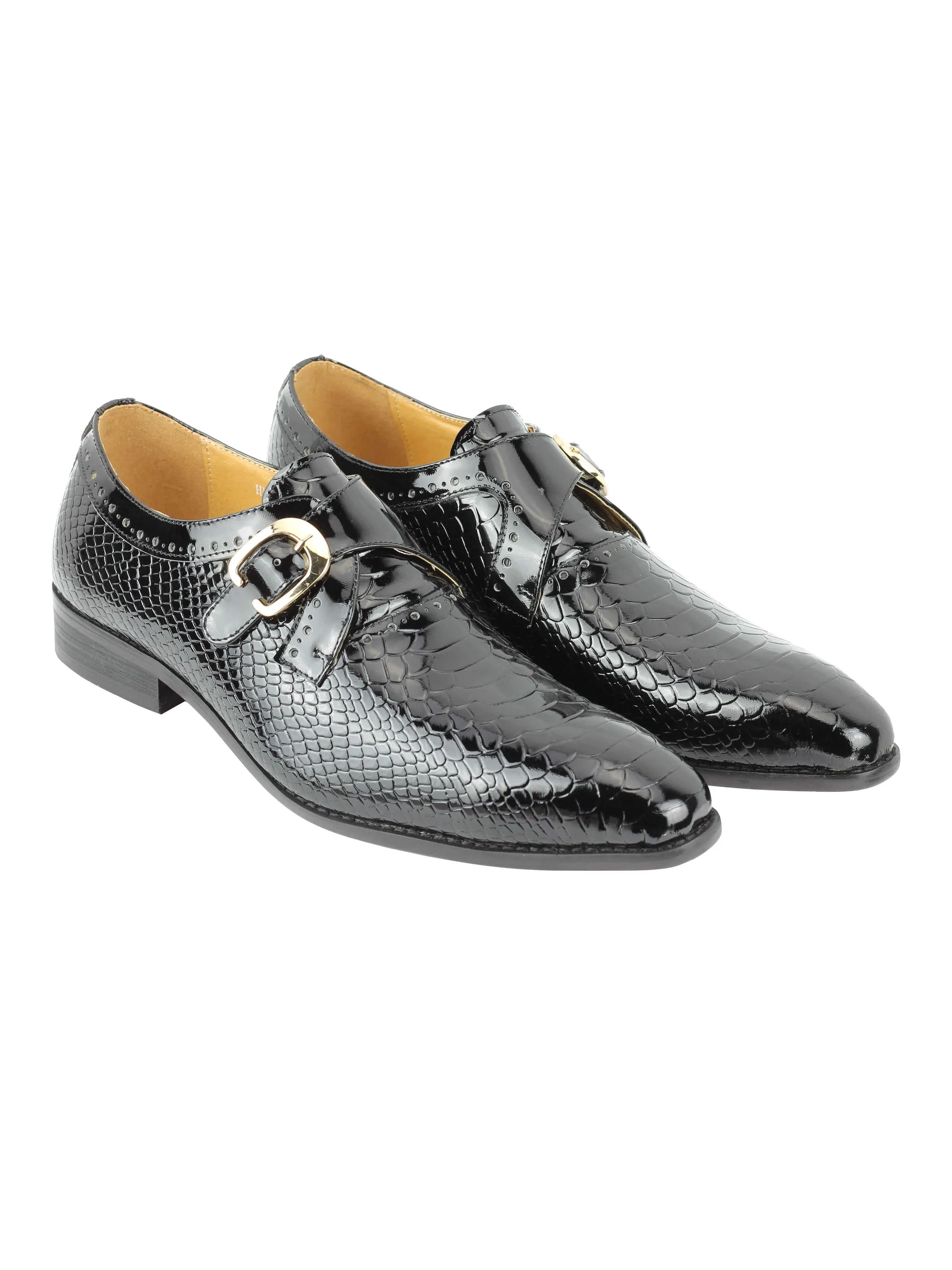 Black Printed Leather Shoes With Monk