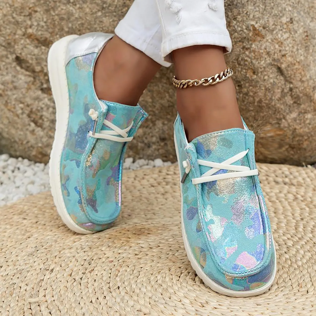 Canvas Sneakers for Women Slip-Ons Flats Ladies Loafers Men Comfort Lace Up Loafers Shoes Foam Flat Shoes Lace-Up Slip On Women Comfortable Print Sneakers