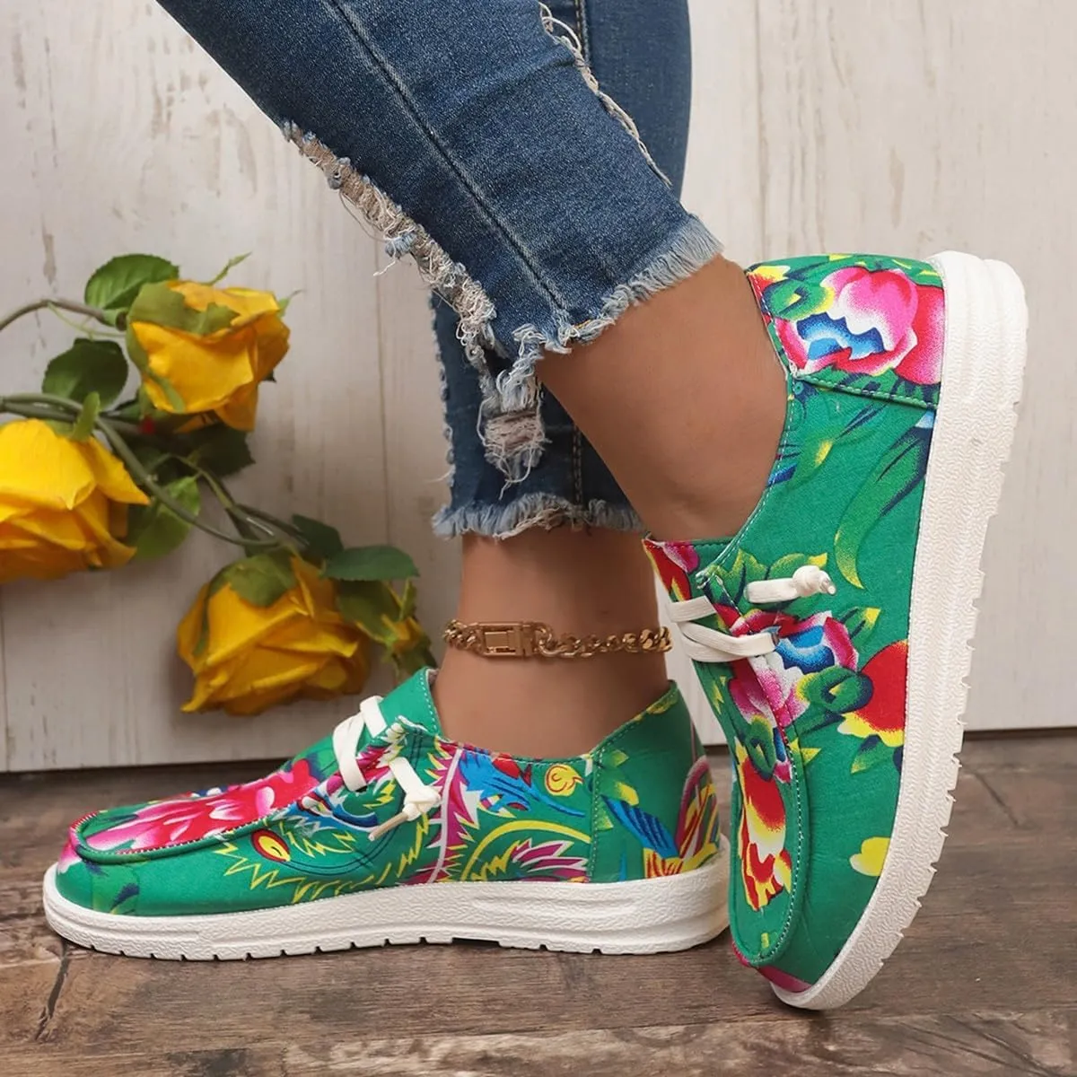 Canvas Sneakers for Women Slip-Ons Flats Ladies Loafers Men Comfort Lace Up Loafers Shoes Foam Flat Shoes Lace-Up Slip On Women Comfortable Print Sneakers