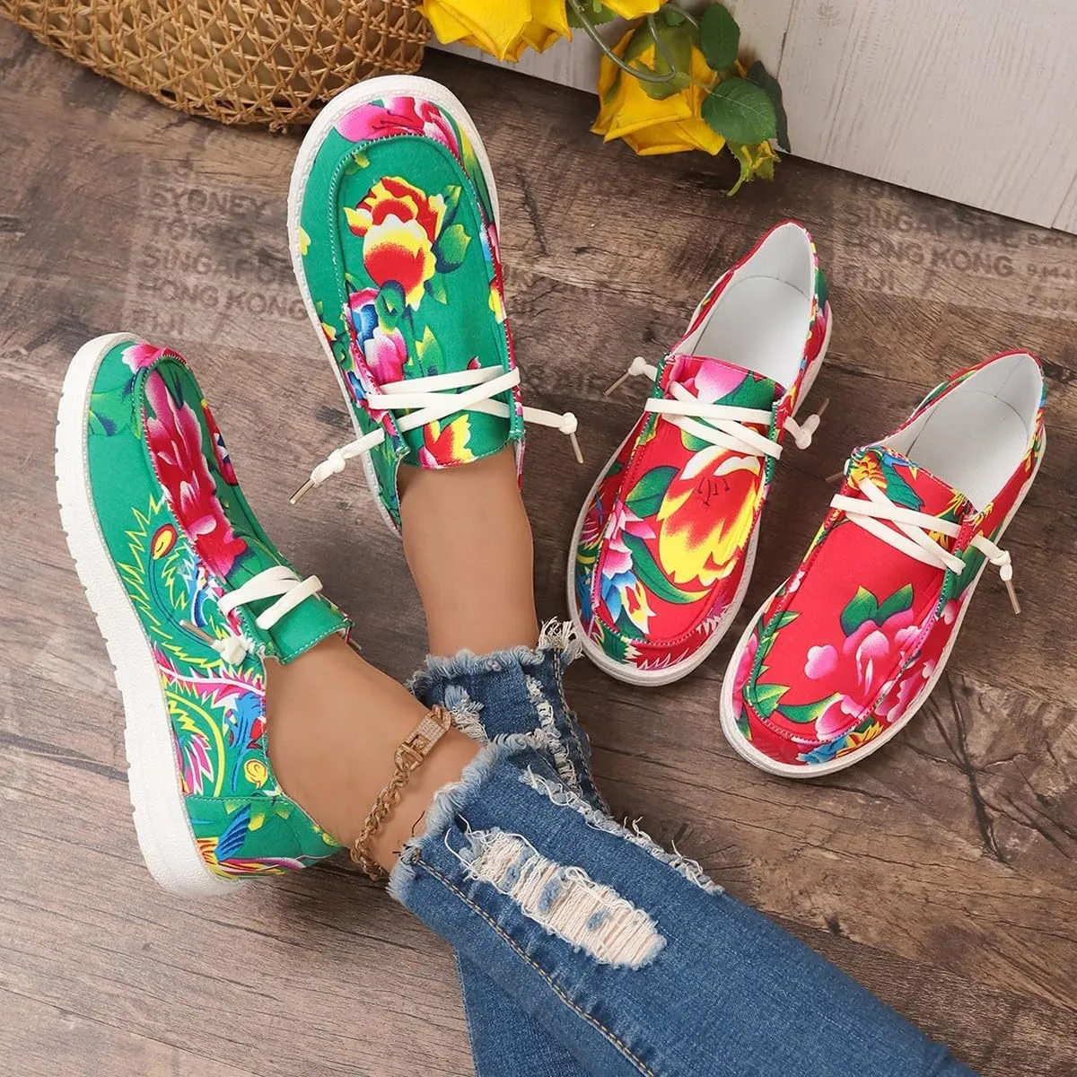 Canvas Sneakers for Women Slip-Ons Flats Ladies Loafers Men Comfort Lace Up Loafers Shoes Foam Flat Shoes Lace-Up Slip On Women Comfortable Print Sneakers