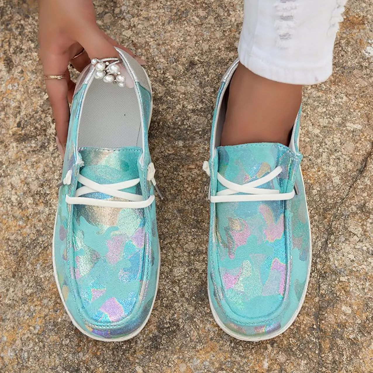 Canvas Sneakers for Women Slip-Ons Flats Ladies Loafers Men Comfort Lace Up Loafers Shoes Foam Flat Shoes Lace-Up Slip On Women Comfortable Print Sneakers