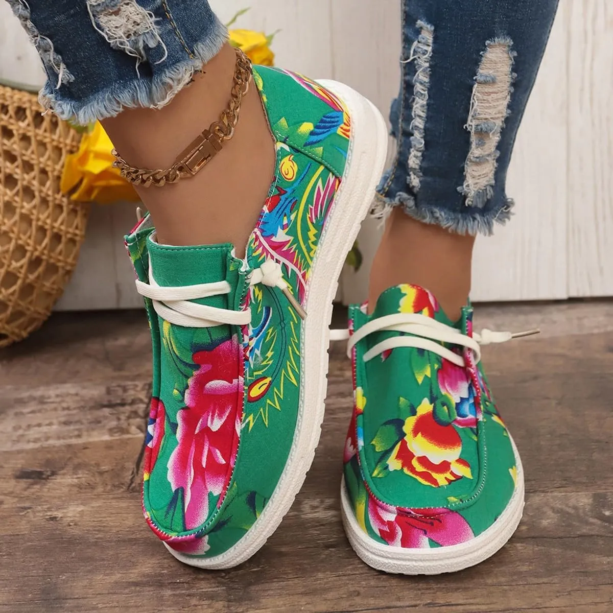 Canvas Sneakers for Women Slip-Ons Flats Ladies Loafers Men Comfort Lace Up Loafers Shoes Foam Flat Shoes Lace-Up Slip On Women Comfortable Print Sneakers
