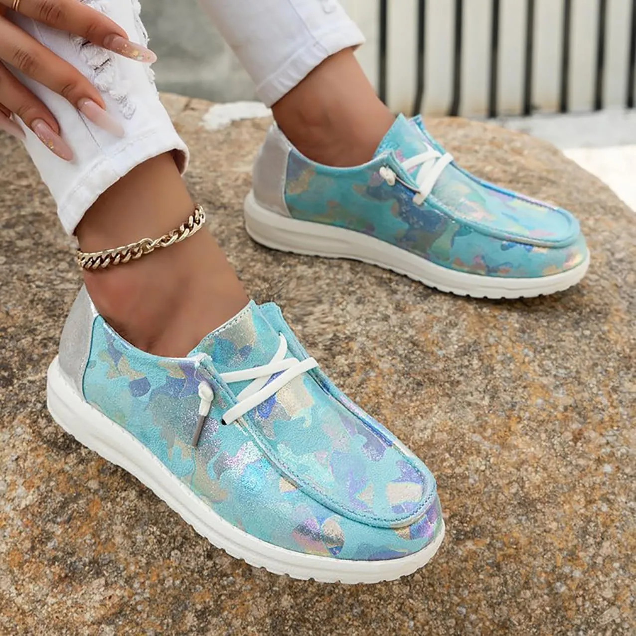 Canvas Sneakers for Women Slip-Ons Flats Ladies Loafers Men Comfort Lace Up Loafers Shoes Foam Flat Shoes Lace-Up Slip On Women Comfortable Print Sneakers