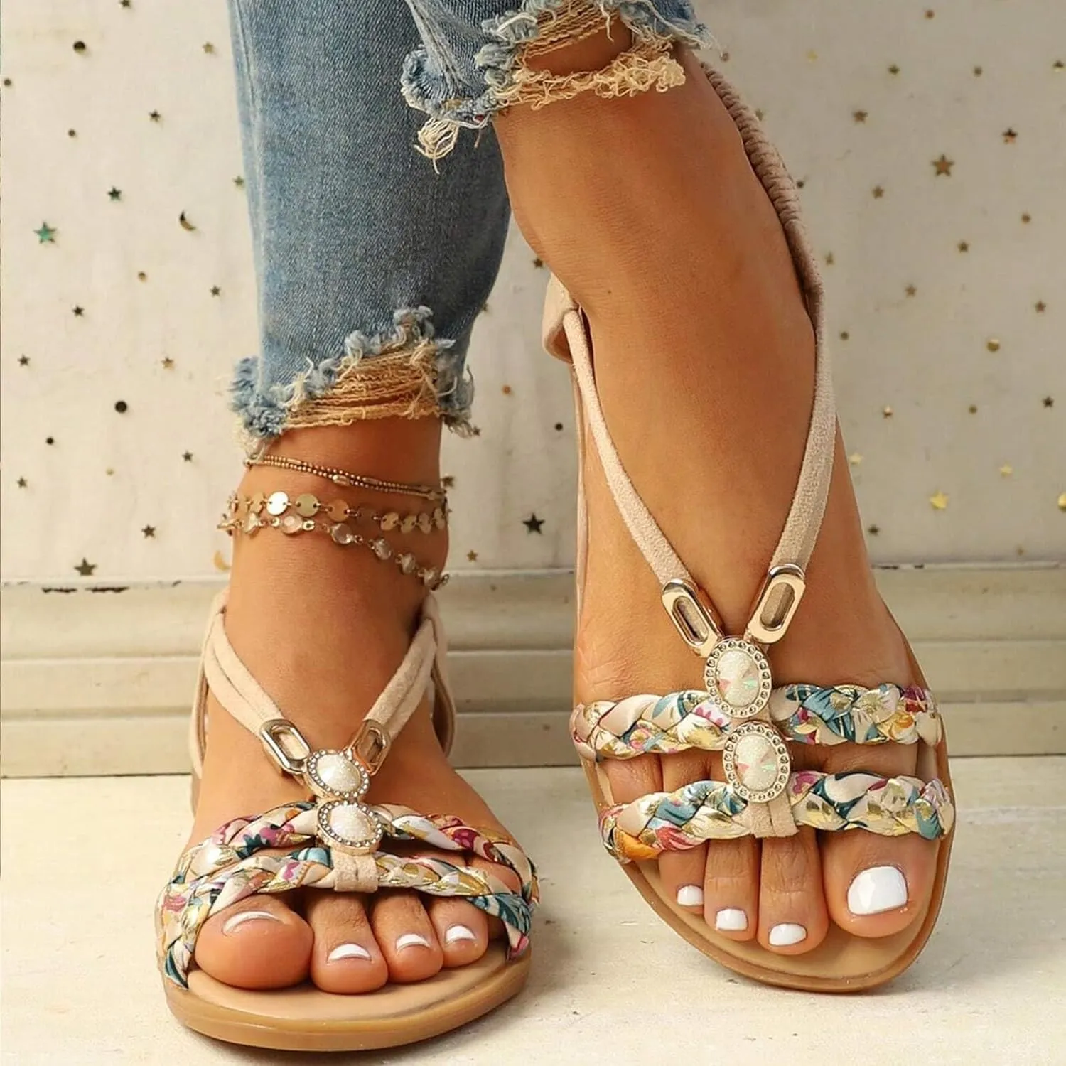 Casual Bohemian Beach Sandals Orthopedic Wedge Sandal for Women Ankle Strap Flip Flops Open Toe Jeweled Flat Sandals 2025