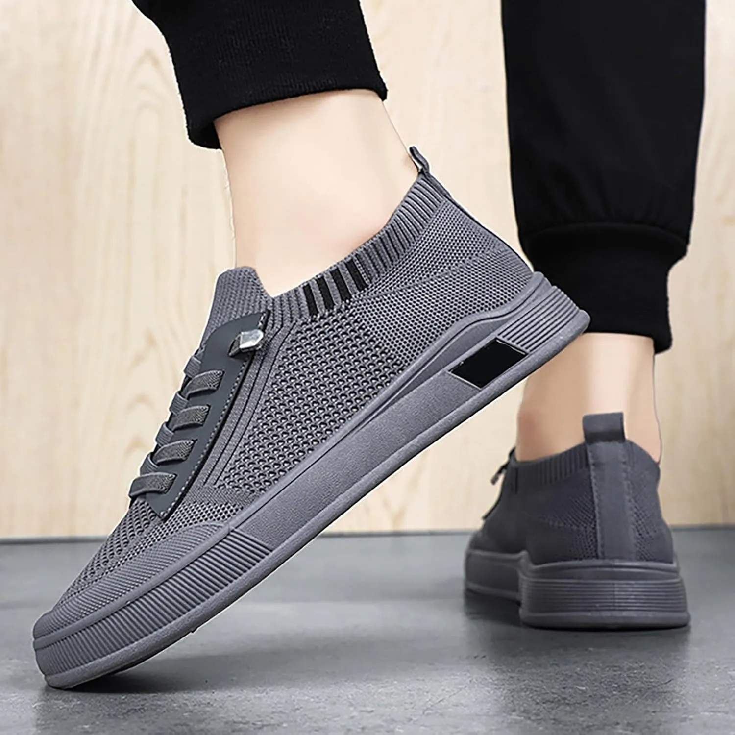 Casual Dress Shoes for Men Mesh Walking Shoes Side Zipper Running Shoes Soft Sole Flat Sneakers Slip On Tennis Shoes