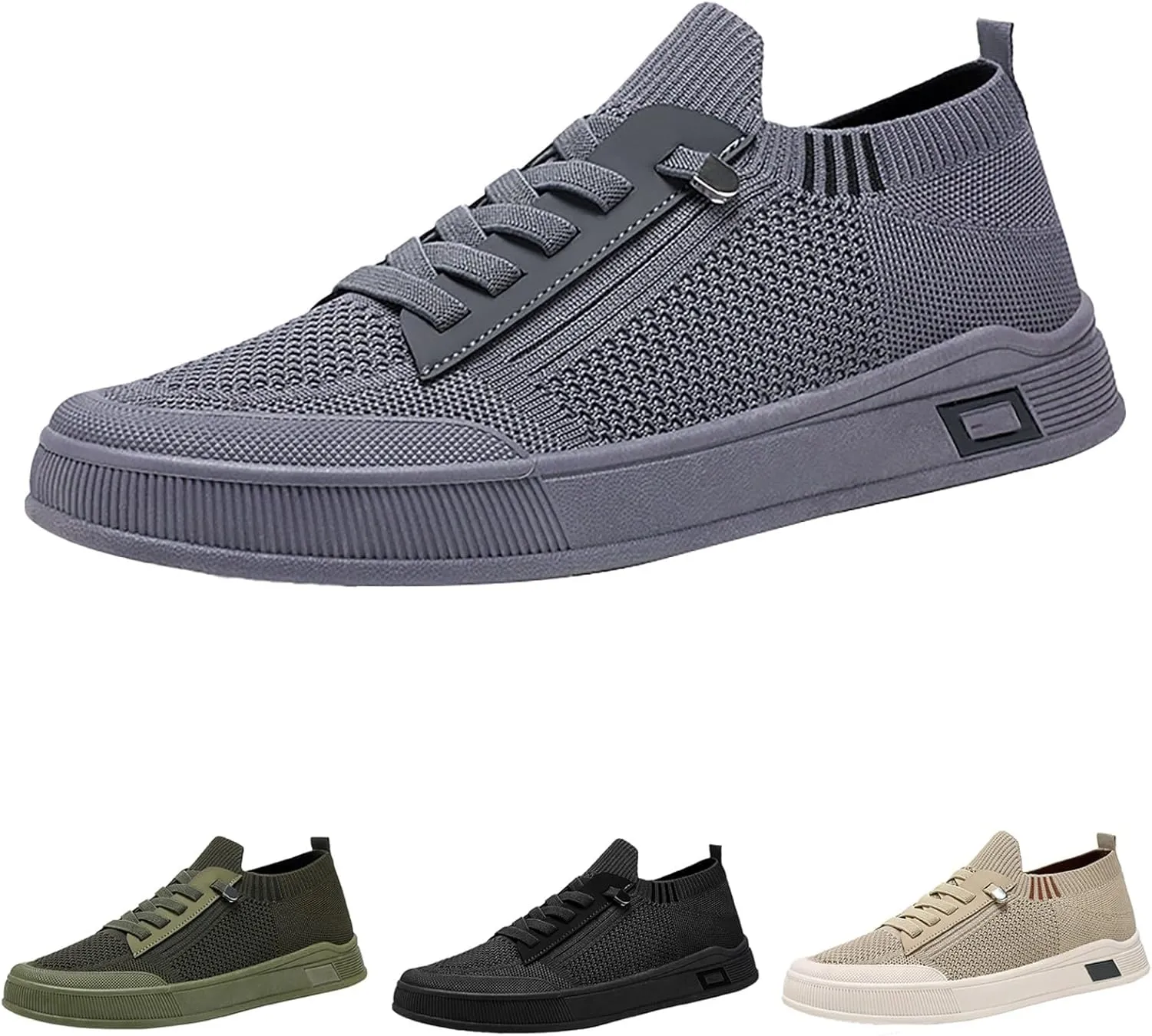 Casual Dress Shoes for Men Mesh Walking Shoes Side Zipper Running Shoes Soft Sole Flat Sneakers Slip On Tennis Shoes