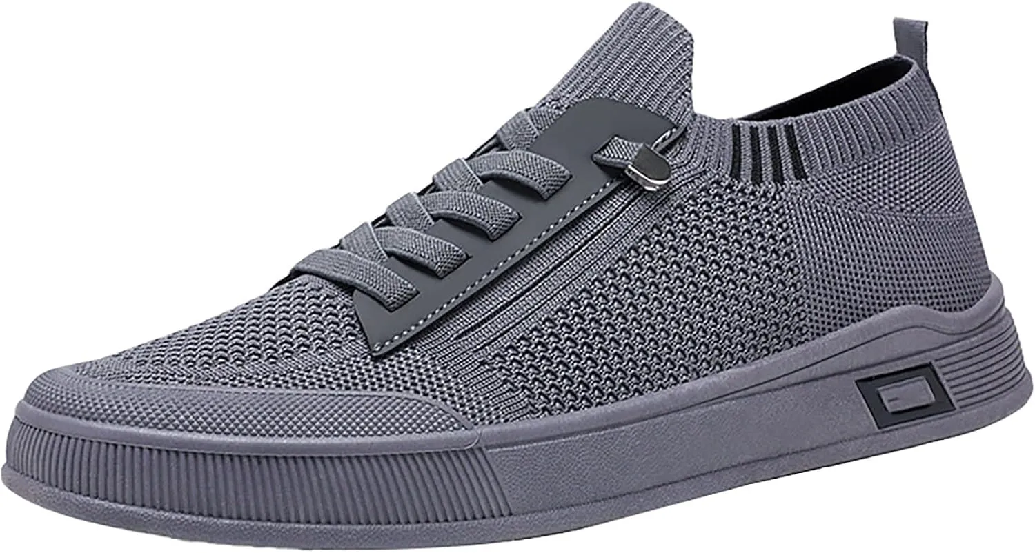 Casual Dress Shoes for Men Mesh Walking Shoes Side Zipper Running Shoes Soft Sole Flat Sneakers Slip On Tennis Shoes