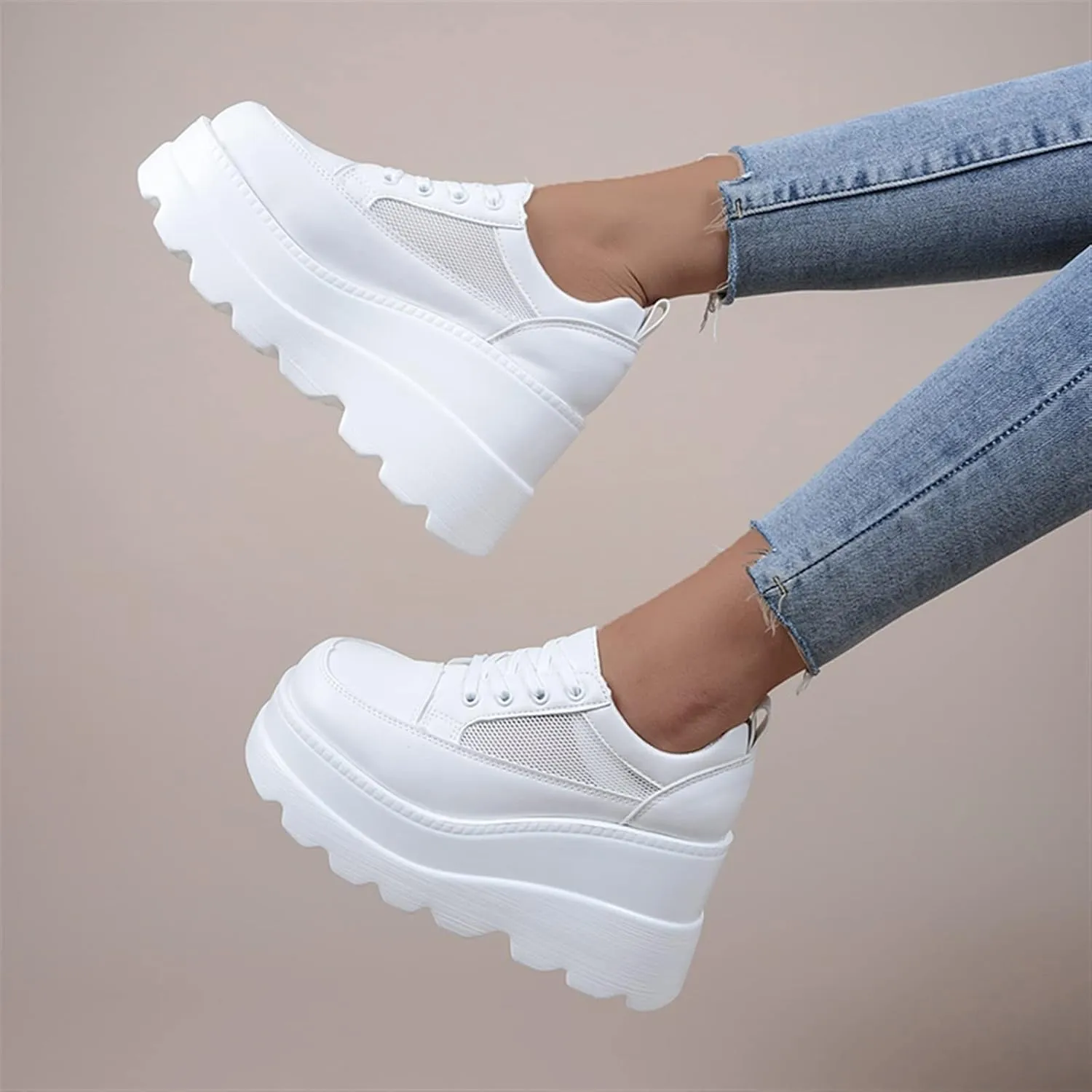 Casual Wedge Sneakers Ankle Boots Autumn And Winter Platform Breathable Hollow Shoes White Shoes Female Students Single Shoes Fashion Ladies High Heels Pumps Shoes ( Color : White , Shoe Size : 9 )