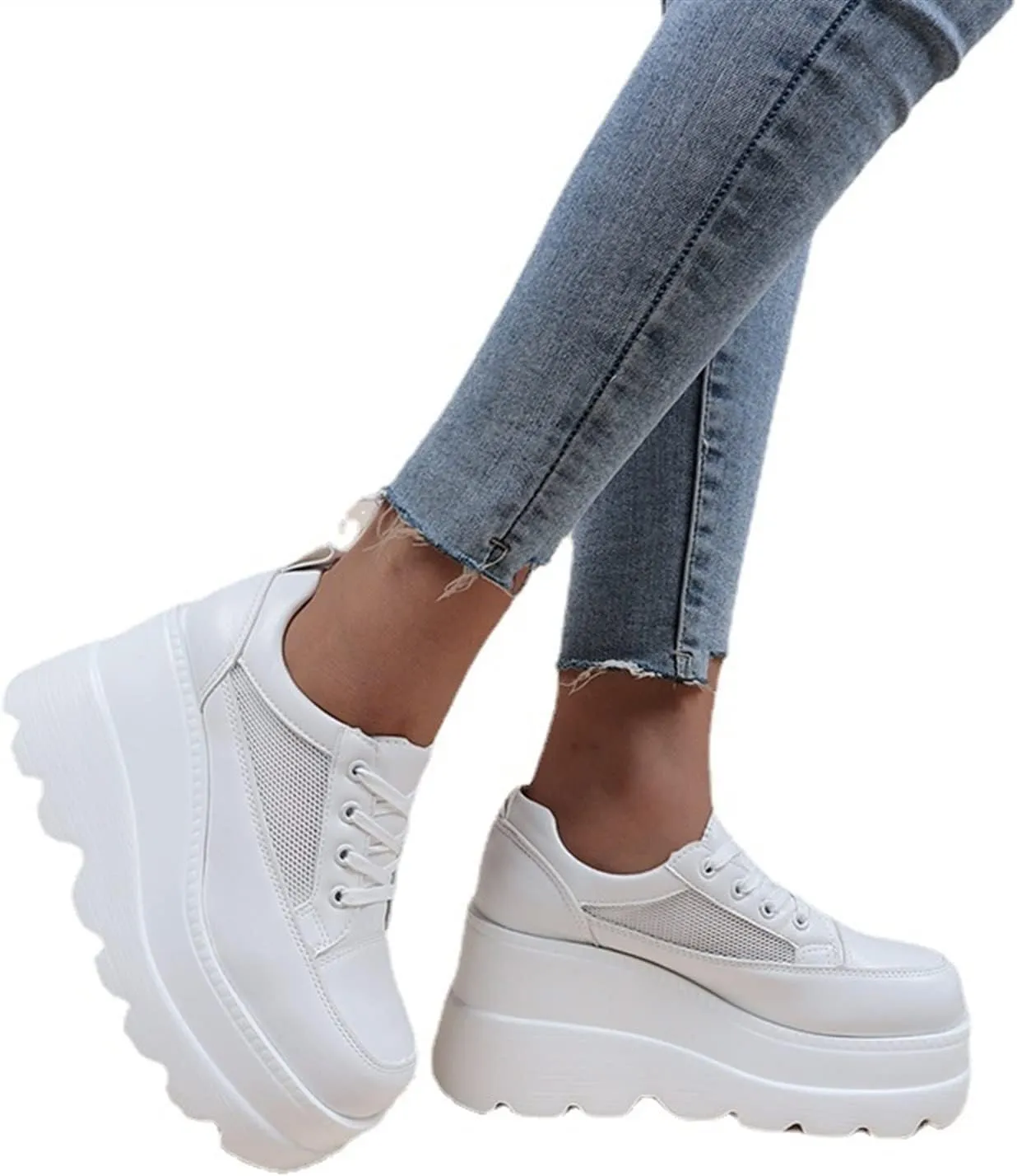 Casual Wedge Sneakers Ankle Boots Autumn And Winter Platform Breathable Hollow Shoes White Shoes Female Students Single Shoes Fashion Ladies High Heels Pumps Shoes ( Color : White , Shoe Size : 9 )
