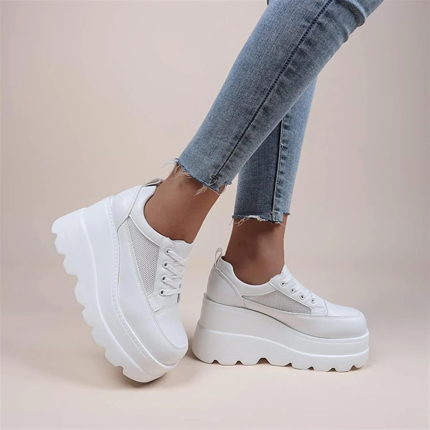 Casual Wedge Sneakers Ankle Boots Autumn And Winter Platform Breathable Hollow Shoes White Shoes Female Students Single Shoes Fashion Ladies High Heels Pumps Shoes ( Color : White , Shoe Size : 9 )