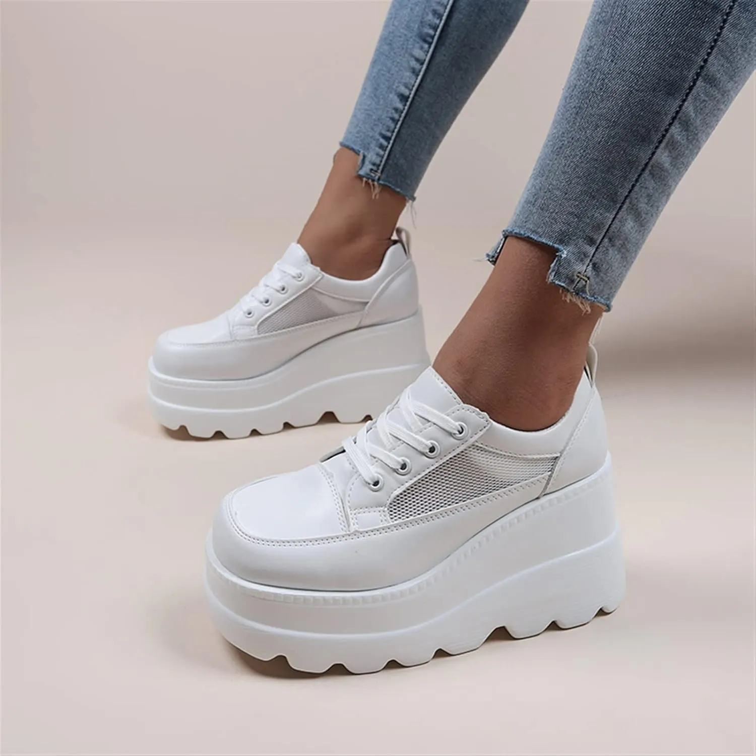 Casual Wedge Sneakers Ankle Boots Autumn And Winter Platform Breathable Hollow Shoes White Shoes Female Students Single Shoes Fashion Ladies High Heels Pumps Shoes ( Color : White , Shoe Size : 9 )