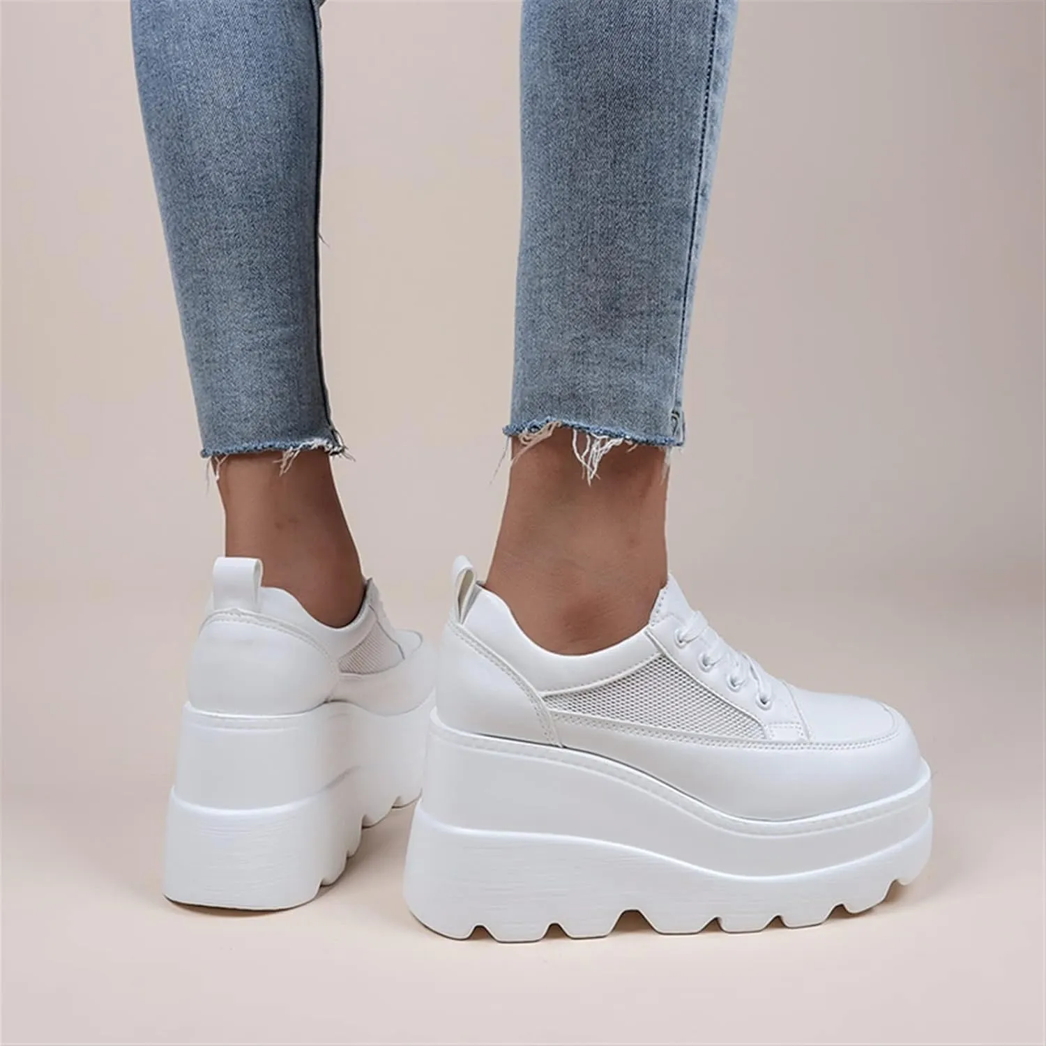 Casual Wedge Sneakers Ankle Boots Autumn And Winter Platform Breathable Hollow Shoes White Shoes Female Students Single Shoes Fashion Ladies High Heels Pumps Shoes ( Color : White , Shoe Size : 9 )