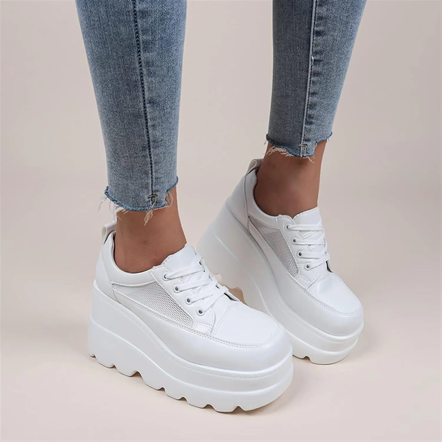 Casual Wedge Sneakers Ankle Boots Autumn And Winter Platform Breathable Hollow Shoes White Shoes Female Students Single Shoes Fashion Ladies High Heels Pumps Shoes ( Color : White , Shoe Size : 9 )