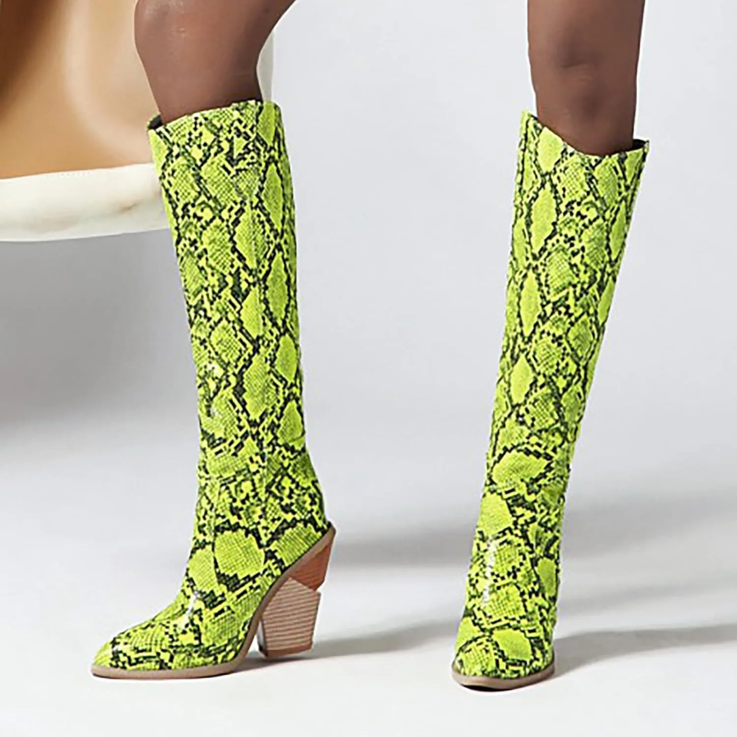 Cathalem Women's Knee High Boots Colorful Snakeskin Boots Round Toe Snake Print Chunky Block High Heel Pull On Boots