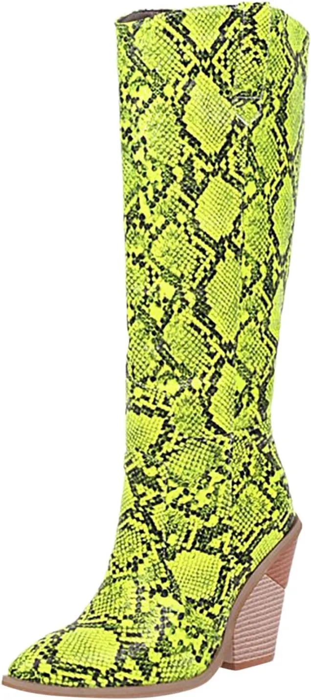 Cathalem Women's Knee High Boots Colorful Snakeskin Boots Round Toe Snake Print Chunky Block High Heel Pull On Boots